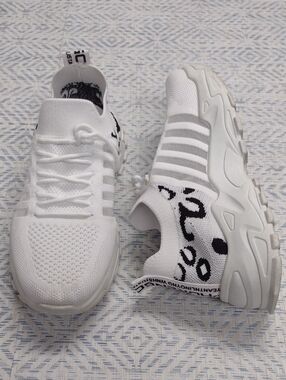 Women's White Knit Athletic Slip-On Sneakers with Black Accent